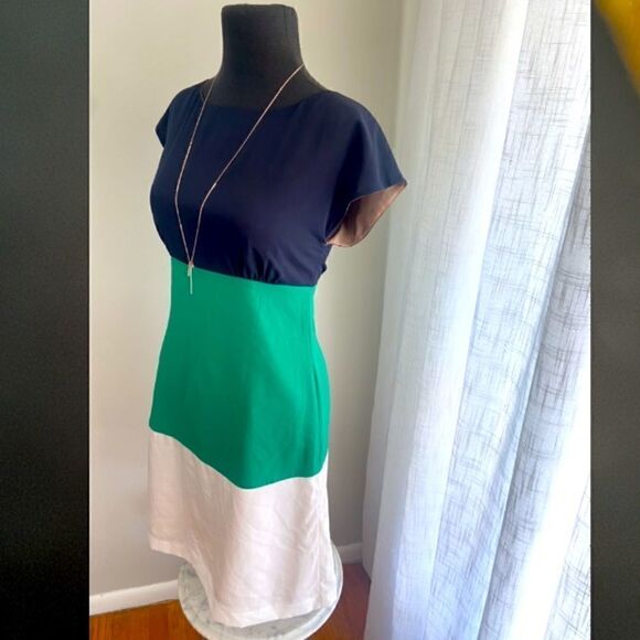 ELIZA J Colorblock Bold Striped Silk Crêpe de Chine Dress Navy Green Size 6 - Picture 2 of 12